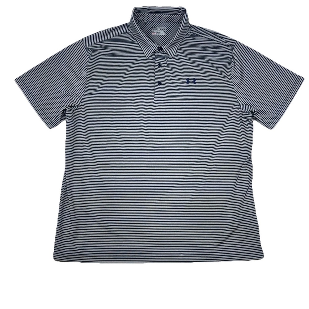Under Armour Polo Shirt HeatGear Mens Size 2XL Blue Gray Striped Short Sleeve